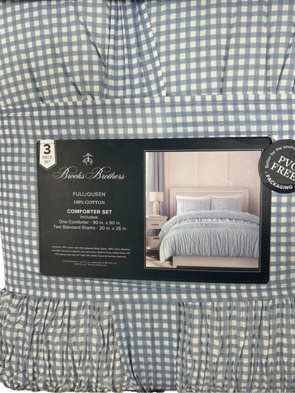 Brooks Brothers Blue and White Checkered Full/Queen Cotton Comforter Set 88”x96”